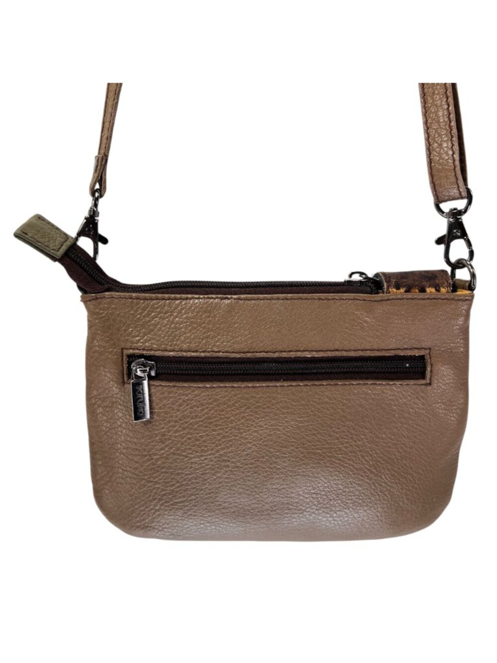 Soruka Leather Crossbody Bag Colorblock Blue Brown Adjustable Strap Zip Pockets - Picture 3 of 16